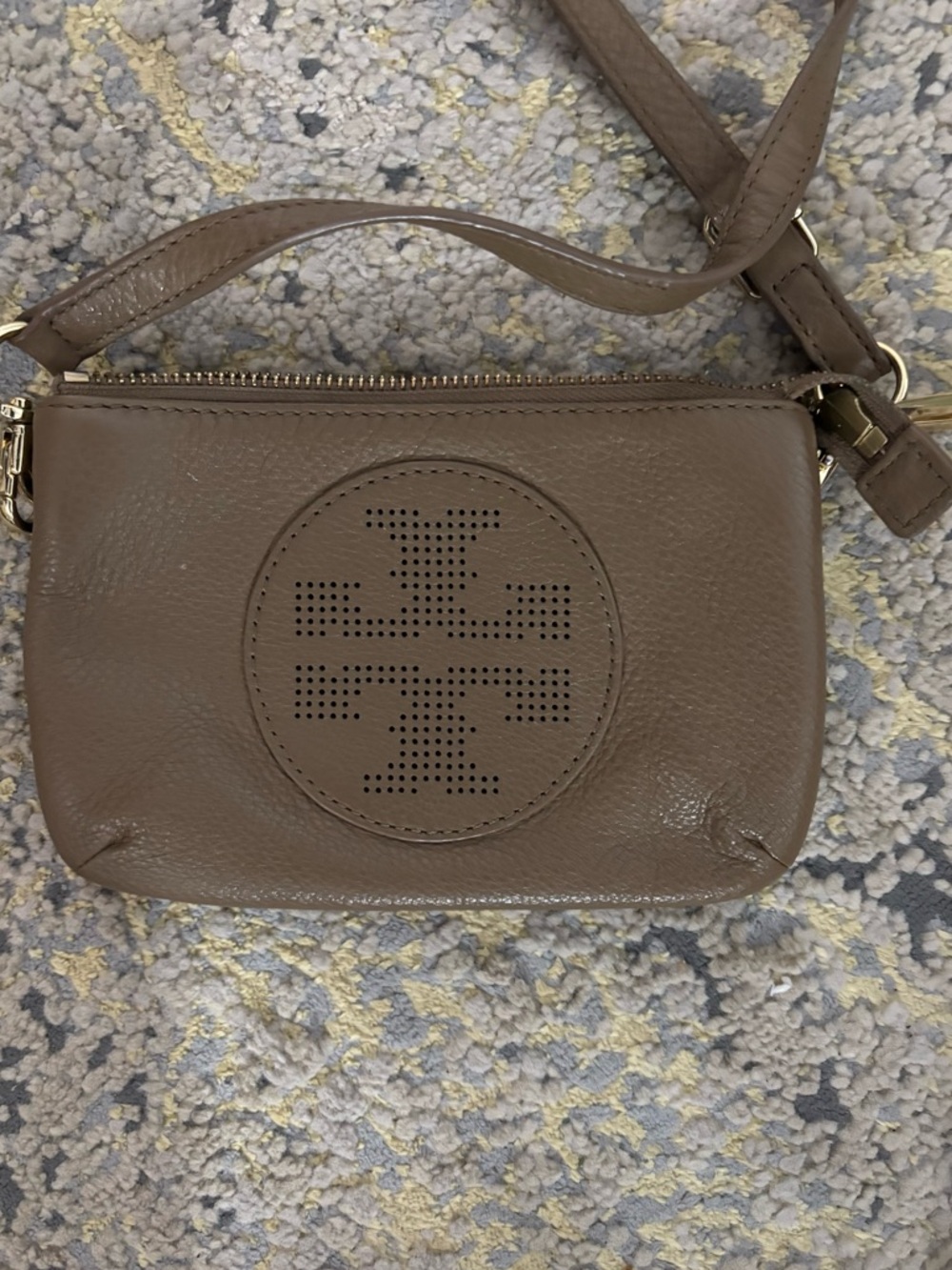 Tory Burch Taupe Perforated Logo Leather Crossbody